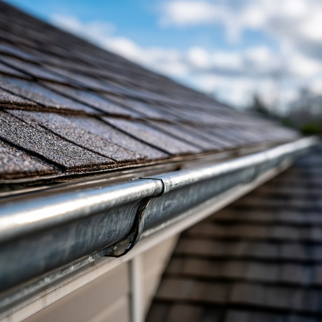 Metal gutter and joining bracket below an asphalt shingle roof